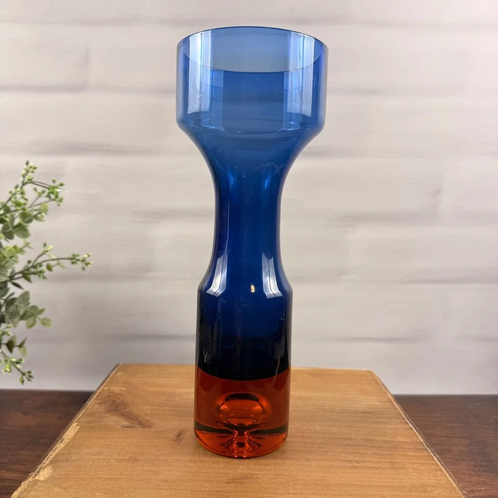 Aseda B5/610-B Bo Borgstrom Swedish Art Glass Vase Blue Orange MCM